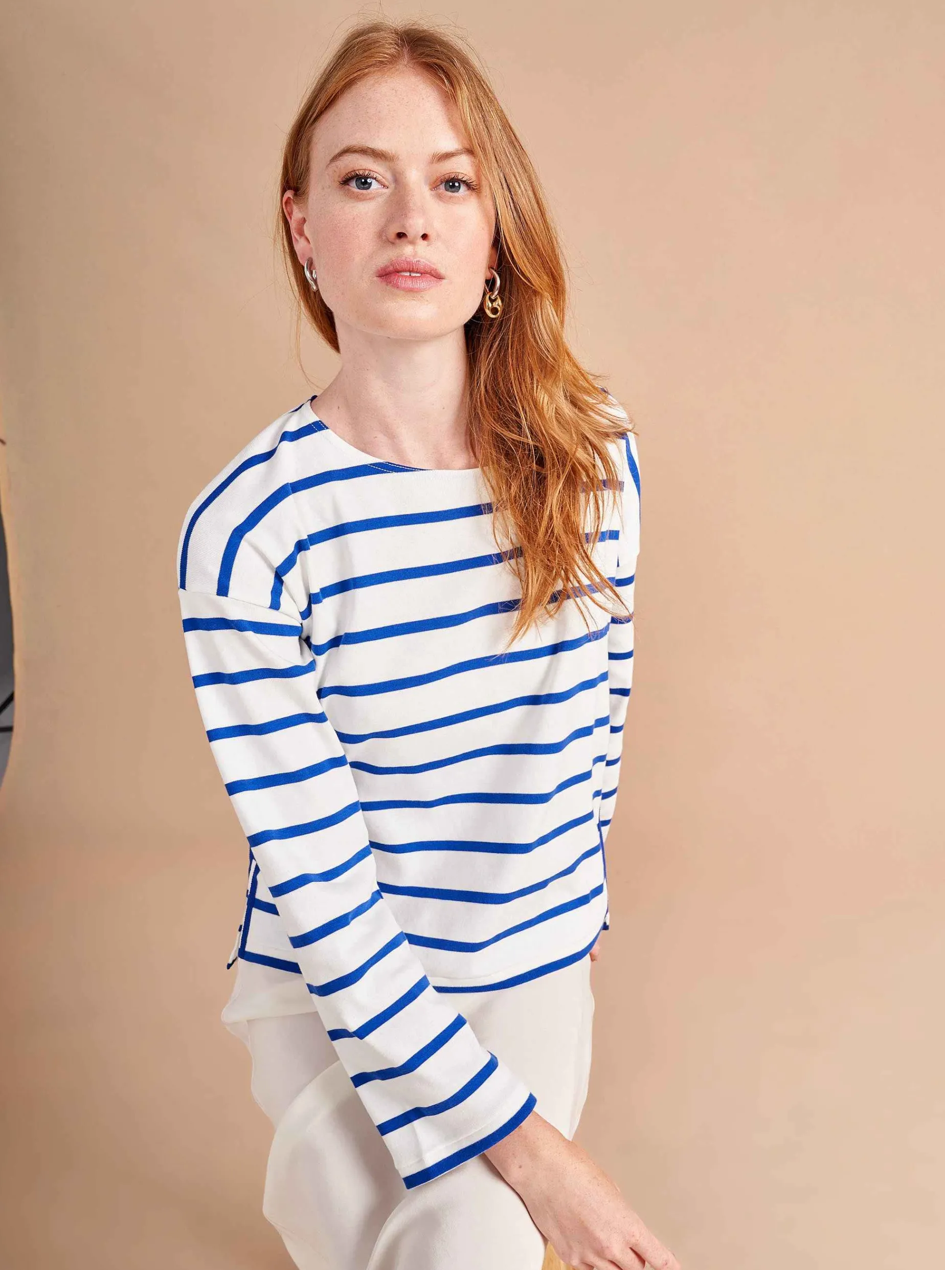 La Ligne Breton Long Sleeve Tee Ivory/Cobalt Sale