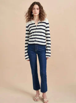 La Ligne Striped Featherweight Cardigan Cream/Navy Discount
