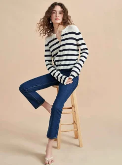La Ligne Striped Featherweight Cardigan Cream/Navy Discount