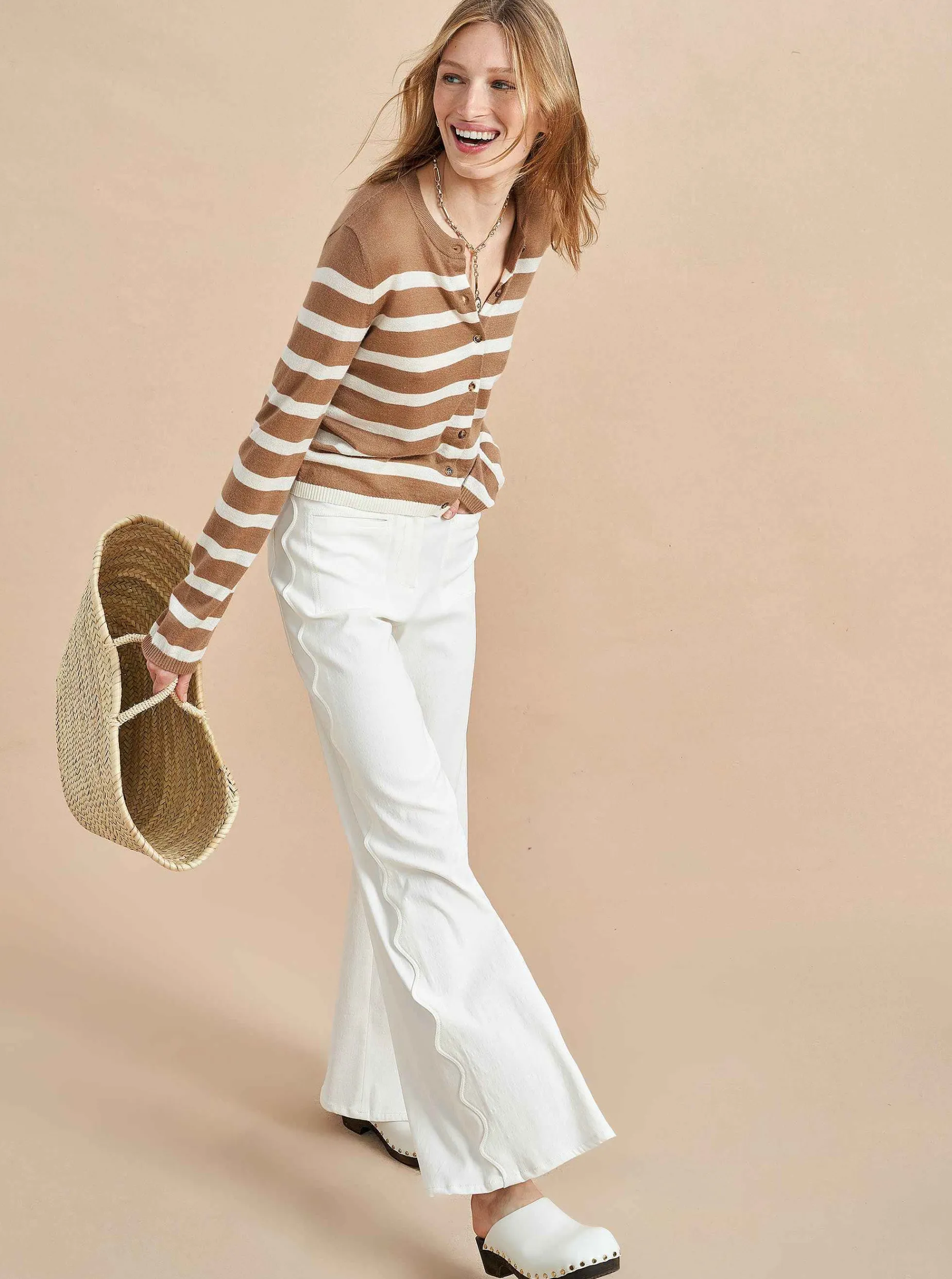 La Ligne Striped Featherweight Cardigan Tan/Cream Shop