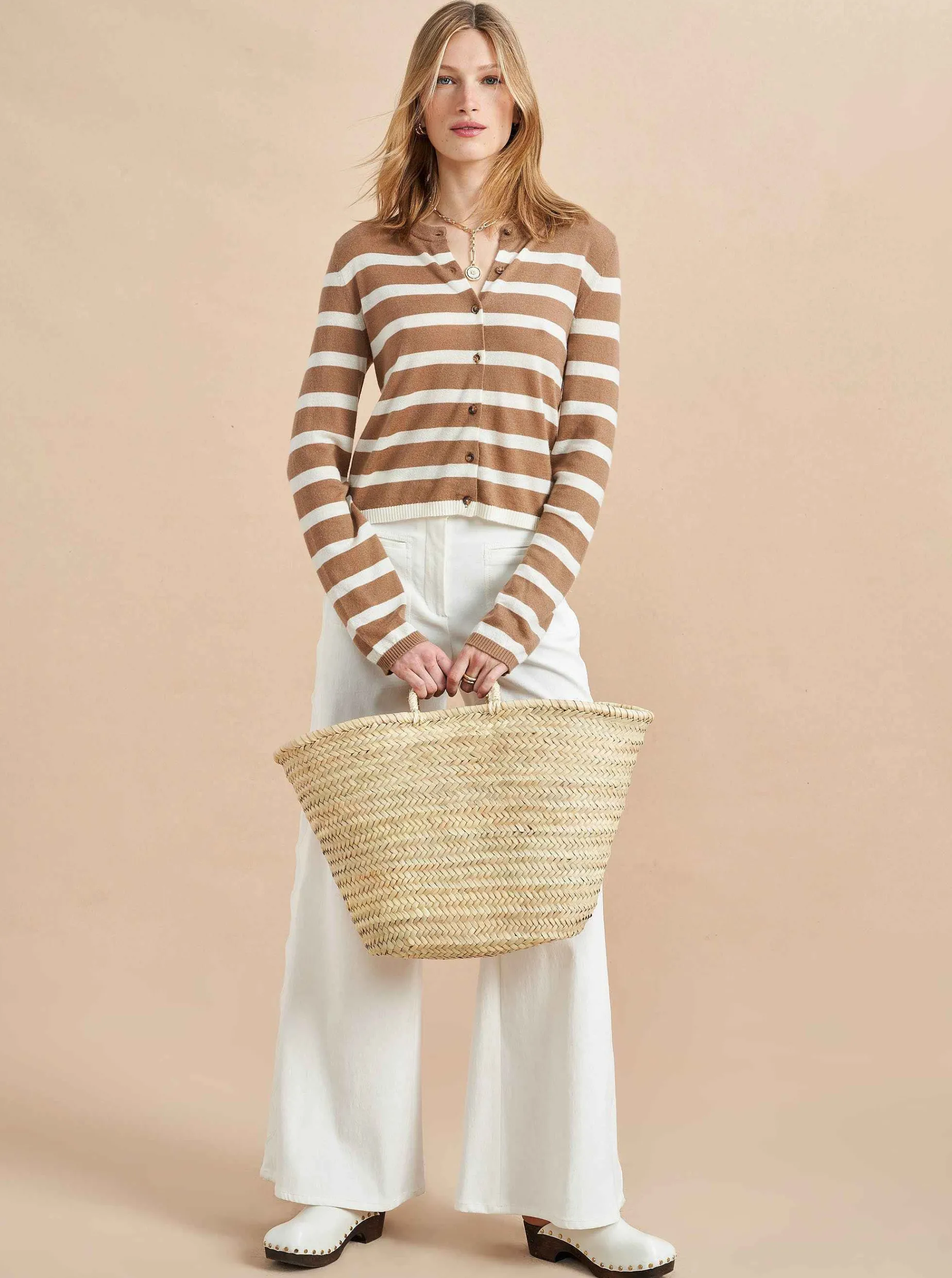 La Ligne Striped Featherweight Cardigan Tan/Cream Shop