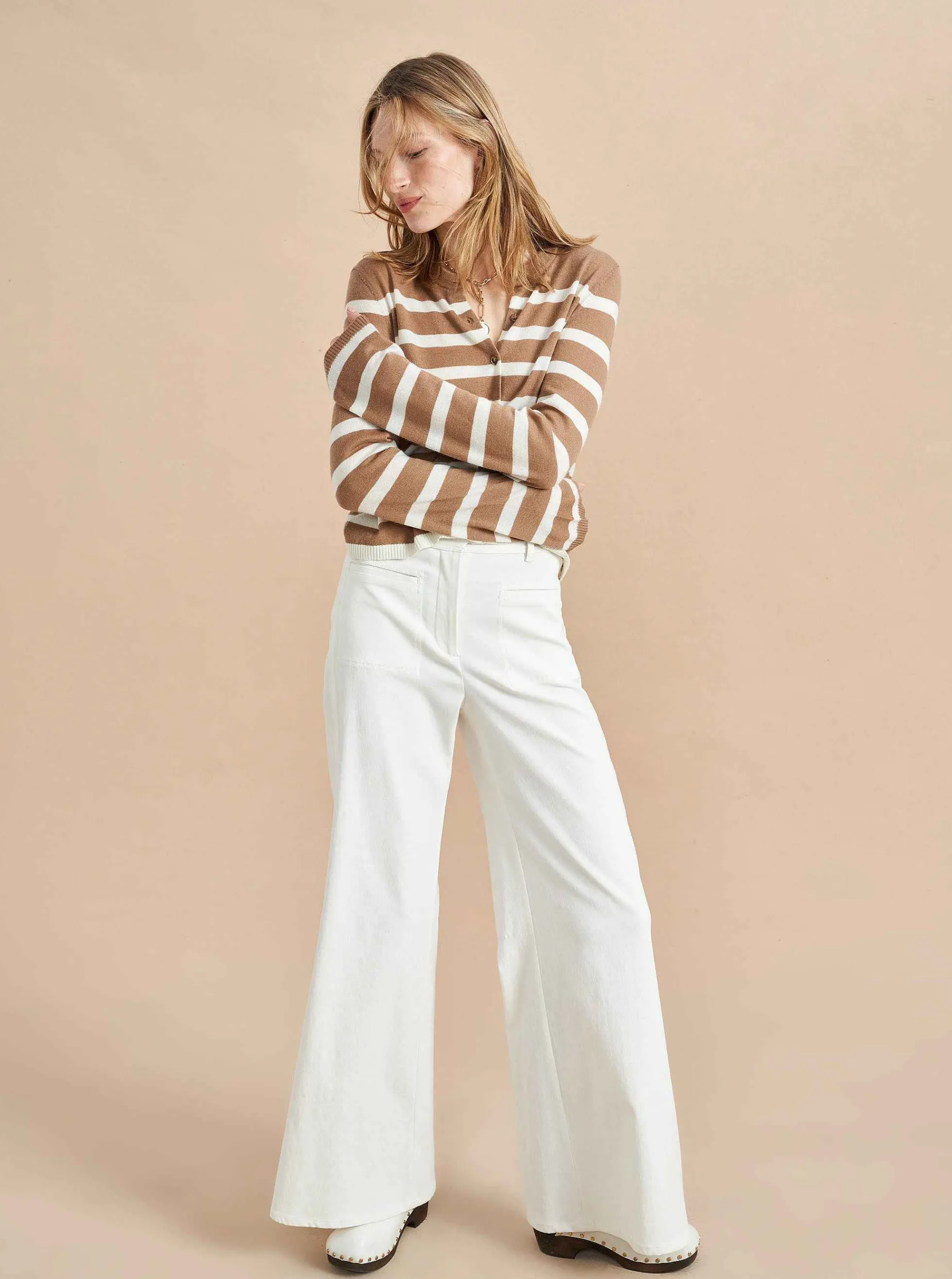 La Ligne Striped Featherweight Cardigan Tan/Cream Shop