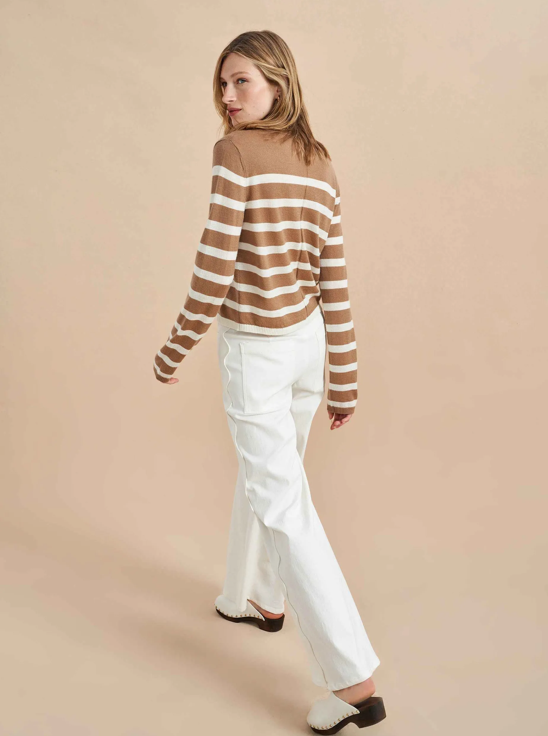 La Ligne Striped Featherweight Cardigan Tan/Cream Shop