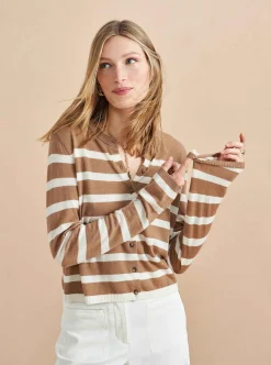 La Ligne Striped Featherweight Cardigan Tan/Cream Shop