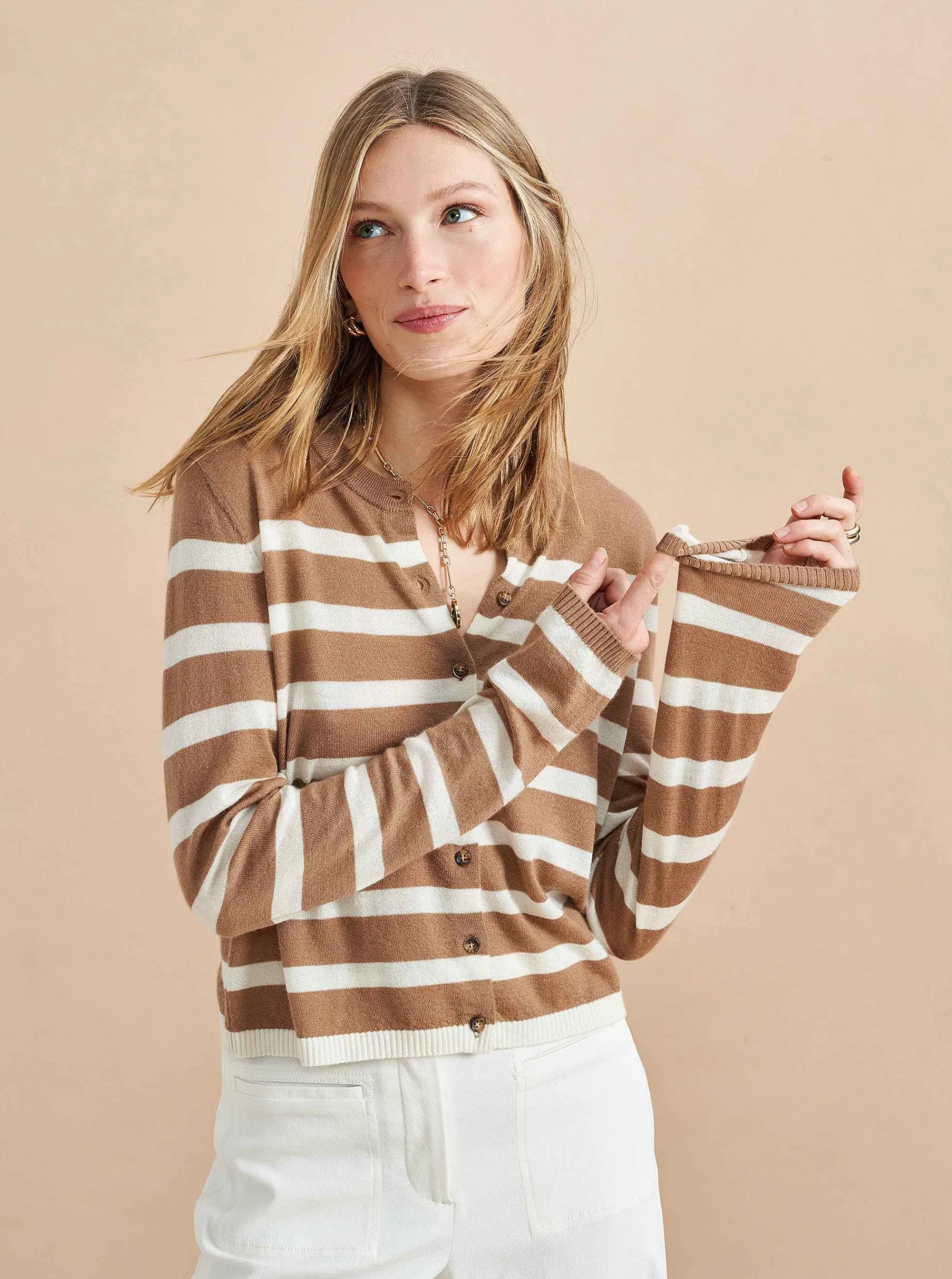 La Ligne Striped Featherweight Cardigan Tan/Cream Shop