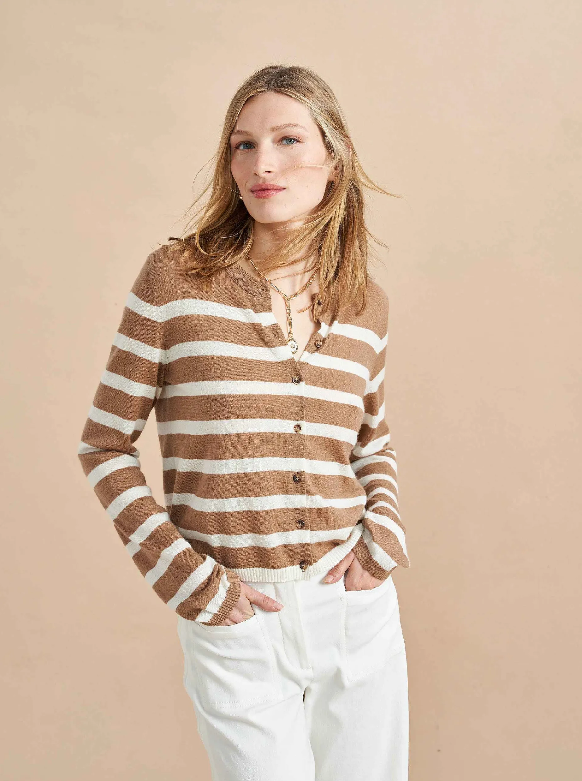 La Ligne Striped Featherweight Cardigan Tan/Cream Shop
