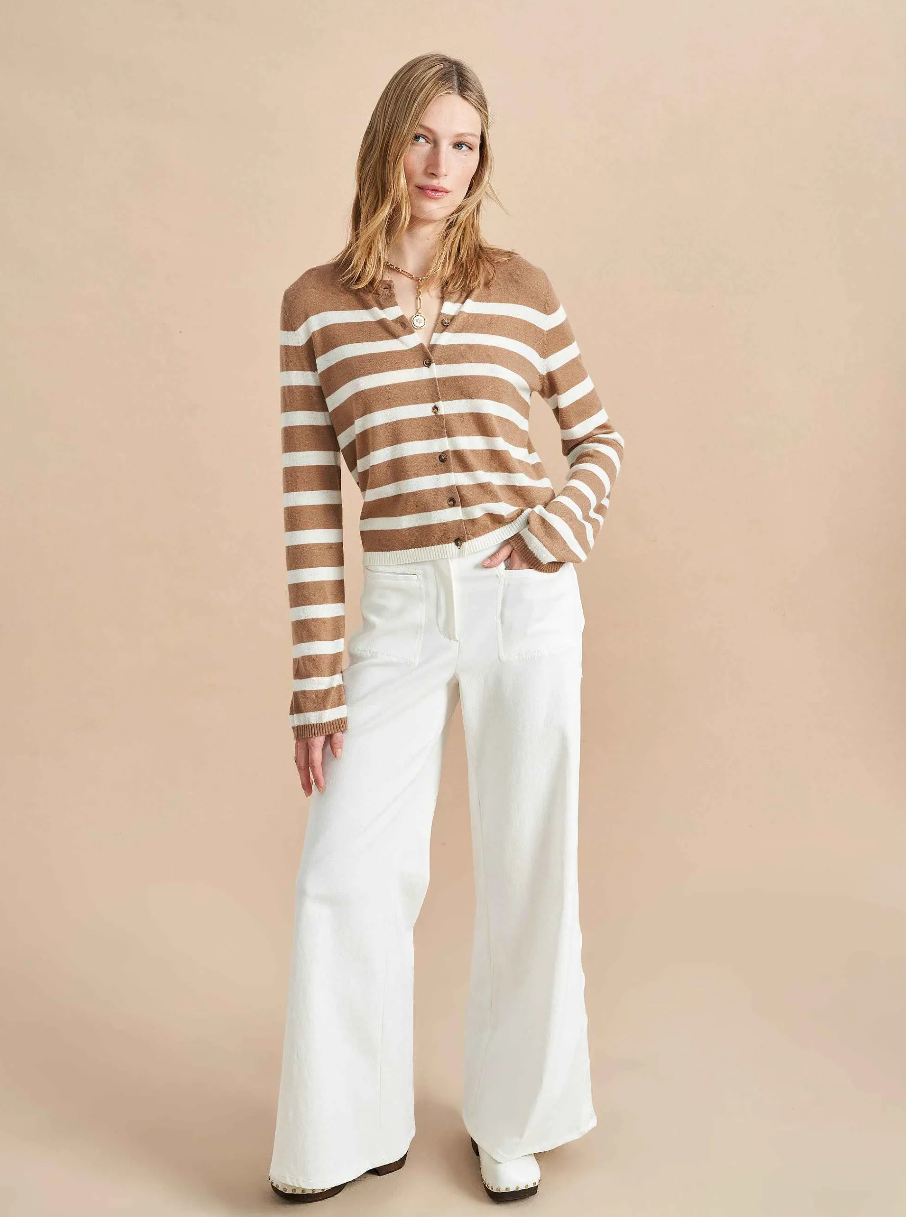 La Ligne Striped Featherweight Cardigan Tan/Cream Shop